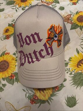Von Dutch Beige Trucker Hat with Purple Logo and Flaming Eyeball Patch